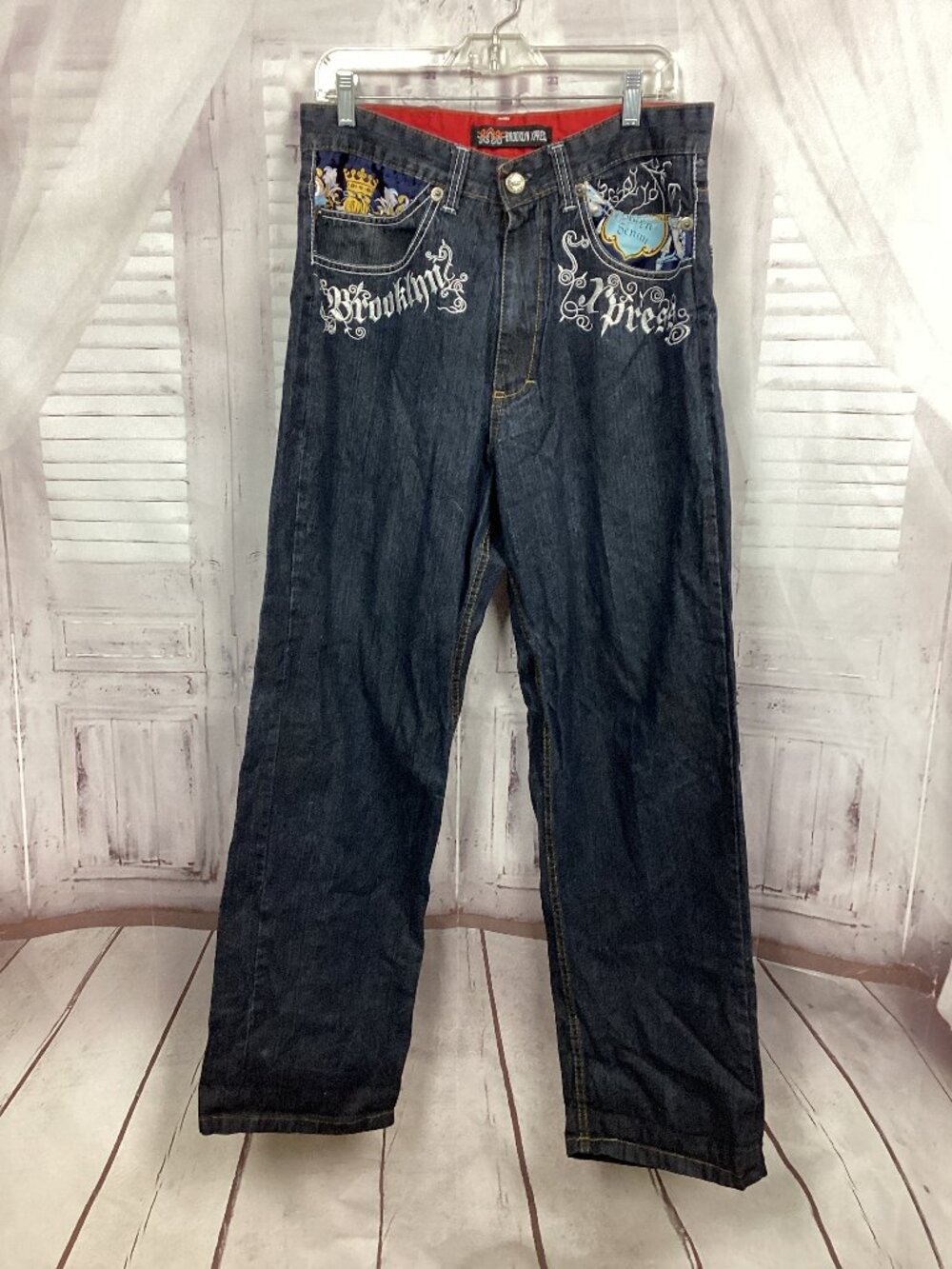 Brooklyn Xpress Jean Blue Embroidered Y2K Crown Crest 34x34